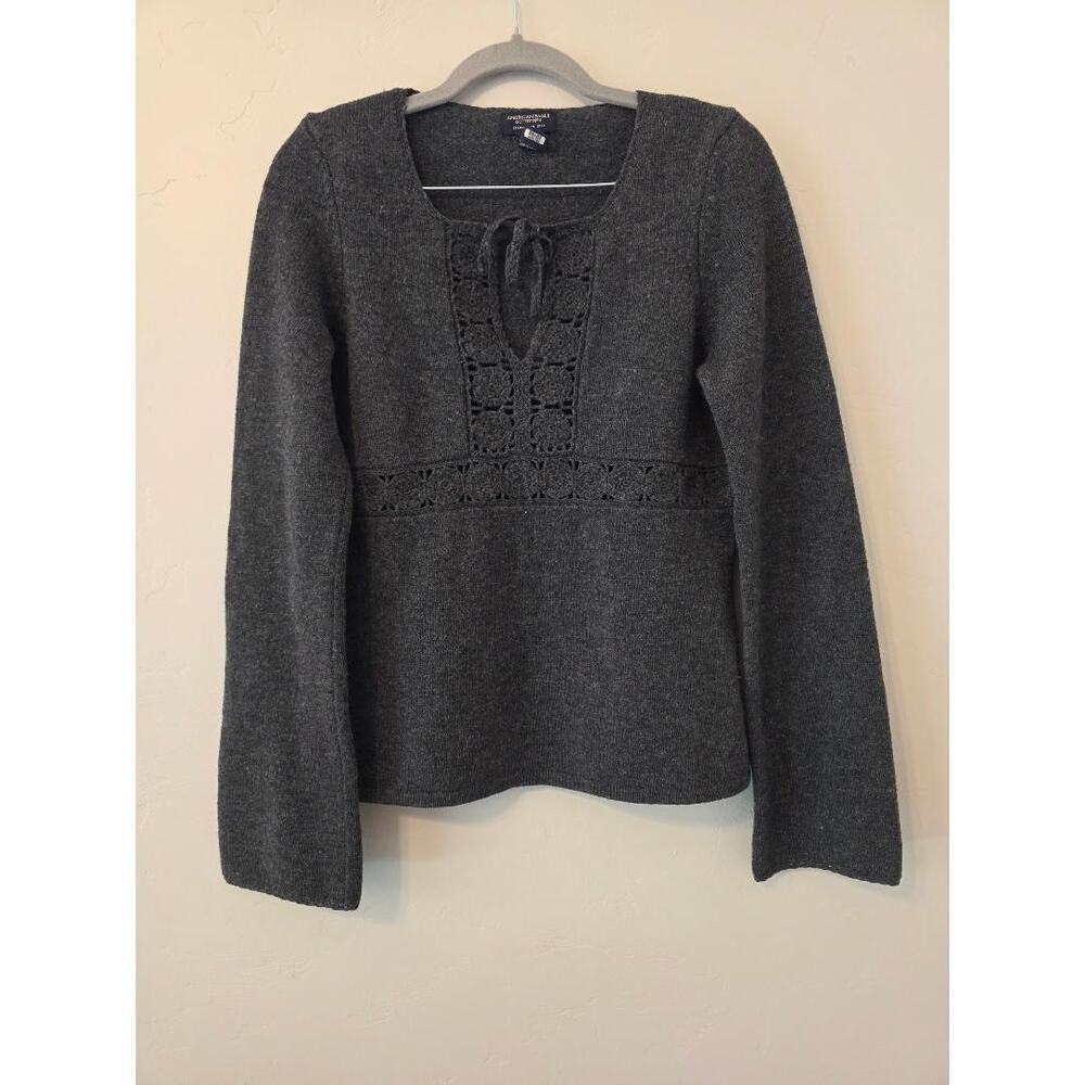 American Eagle 100% Lambswool Tie Front Sweater Boho Minimalist (M)